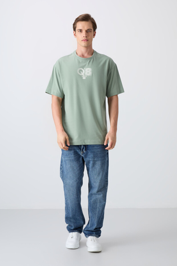 Açık Yeşil Pamuklu Kalın Yumuşak Dokulu Oversize Fit Baskılı Erkek T-Shirt - 88333