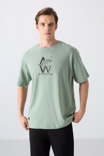 Açık Yeşil Pamuklu Kalın Yumuşak Dokulu Oversize Fit Baskılı Erkek T-Shirt - 88332 