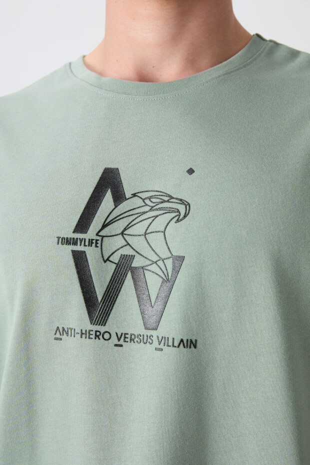 Açık Yeşil Pamuklu Kalın Yumuşak Dokulu Oversize Fit Baskılı Erkek T-Shirt - 88332 - 3