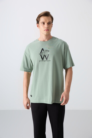 Açık Yeşil Pamuklu Kalın Yumuşak Dokulu Oversize Fit Baskılı Erkek T-Shirt - 88332 - Thumbnail