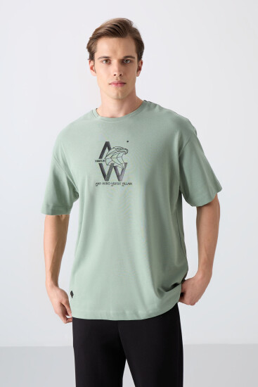 Açık Yeşil Pamuklu Kalın Yumuşak Dokulu Oversize Fit Baskılı Erkek T-Shirt - 88332 - Thumbnail