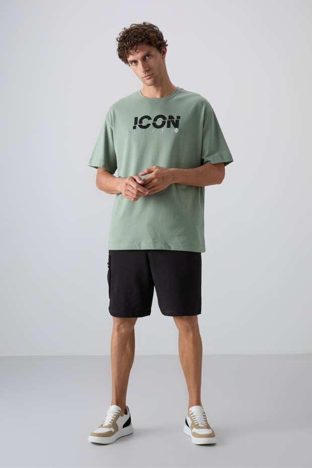 Açık Yeşil Pamuklu Kalın Yumuşak Dokulu Oversize Fit Baskılı Erkek T-Shirt - 88331 - 2