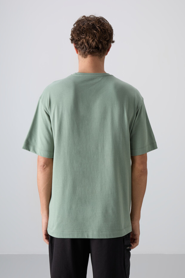 Açık Yeşil Pamuklu Kalın Yumuşak Dokulu Oversize Fit Baskılı Erkek T-Shirt - 88331 - 5