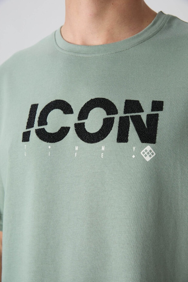 Açık Yeşil Pamuklu Kalın Yumuşak Dokulu Oversize Fit Baskılı Erkek T-Shirt - 88331 - 3