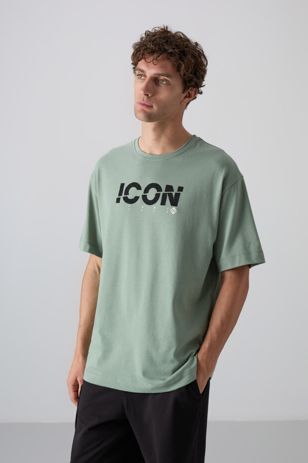 Açık Yeşil Pamuklu Kalın Yumuşak Dokulu Oversize Fit Baskılı Erkek T-Shirt - 88331