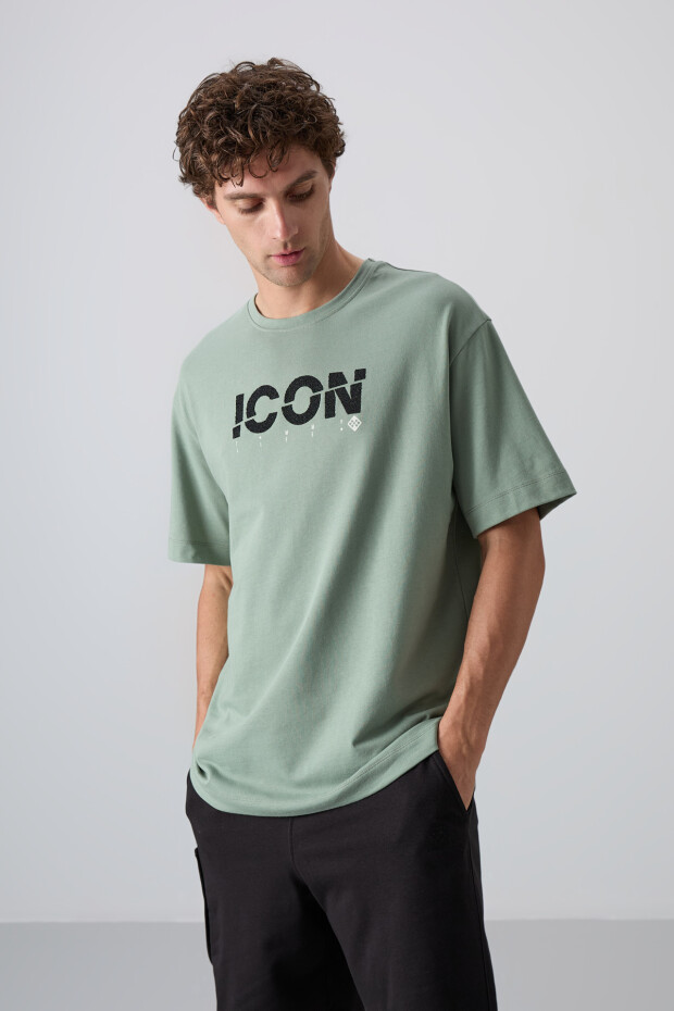 Açık Yeşil Pamuklu Kalın Yumuşak Dokulu Oversize Fit Baskılı Erkek T-Shirt - 88331