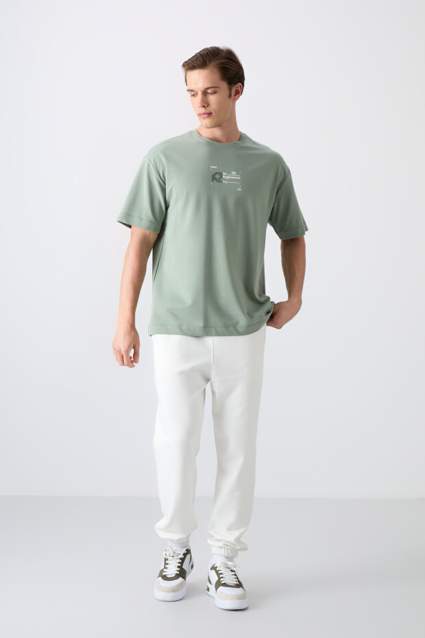Açık Yeşil Pamuklu Kalın Yumuşak Dokulu Oversize Fit Baskılı Erkek T-Shirt - 88350