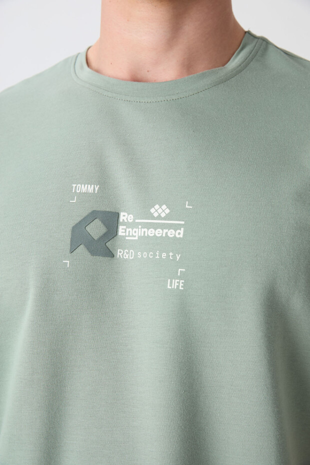 Açık Yeşil Pamuklu Kalın Yumuşak Dokulu Oversize Fit Baskılı Erkek T-Shirt - 88350