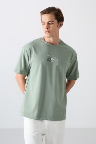 Açık Yeşil Pamuklu Kalın Yumuşak Dokulu Oversize Fit Baskılı Erkek T-Shirt - 88350 