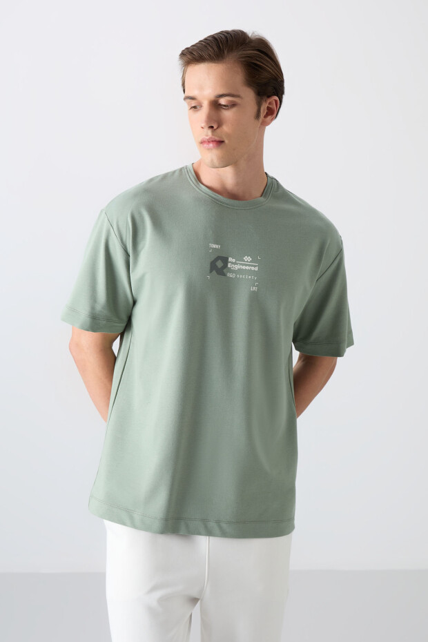 Açık Yeşil Pamuklu Kalın Yumuşak Dokulu Oversize Fit Baskılı Erkek T-Shirt - 88350