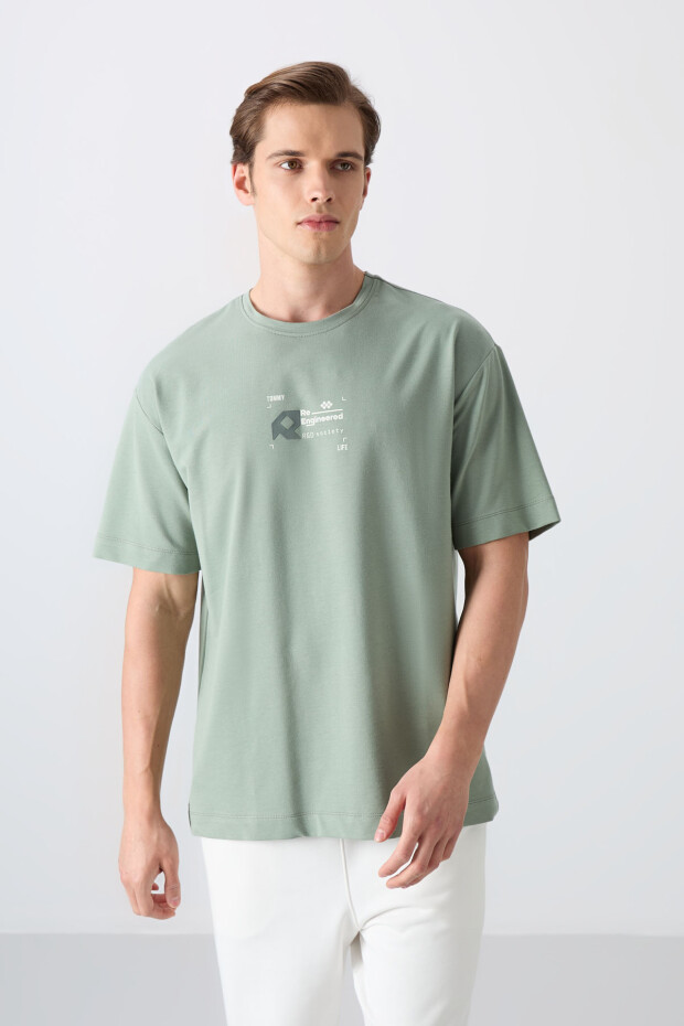 Açık Yeşil Pamuklu Kalın Yumuşak Dokulu Oversize Fit Baskılı Erkek T-Shirt - 88350