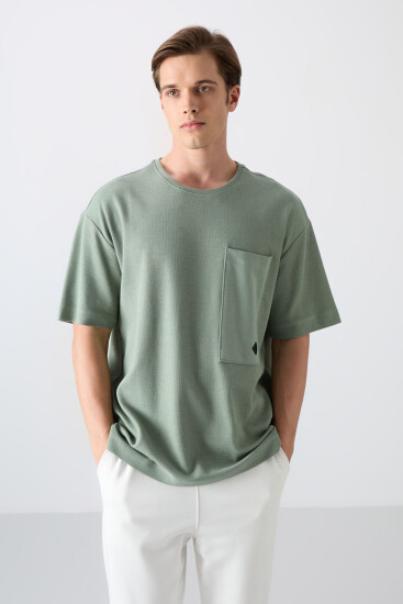 Açık Yeşil Pamuklu Kalın Yüzeyi Dokulu Oversize Fit Basic Erkek T-Shirt - 88341 