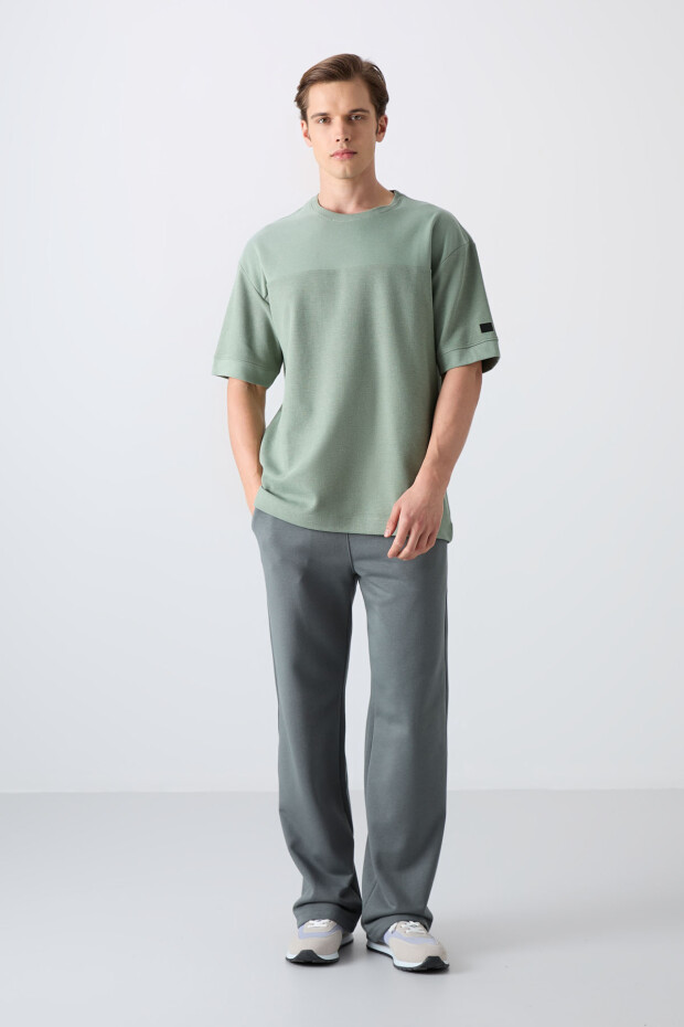 Açık Yeşil Pamuklu Kalın Yüzeyi Dokulu Oversize Fit Basic Erkek T-Shirt - 88340