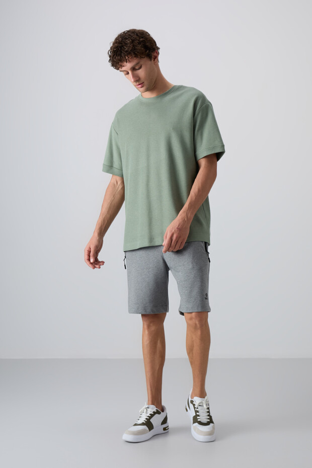 Açık Yeşil Pamuklu Kalın Yüzeyi Dokulu Oversize Fit Basic Erkek T-Shirt - 88339 - 3