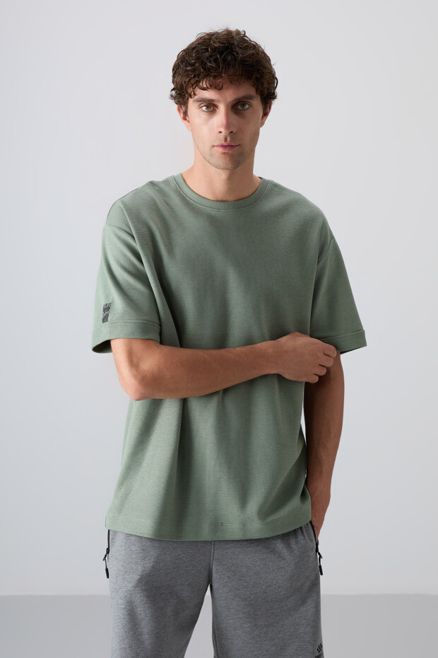 Açık Yeşil Pamuklu Kalın Yüzeyi Dokulu Oversize Fit Basic Erkek T-Shirt - 88339 - 5