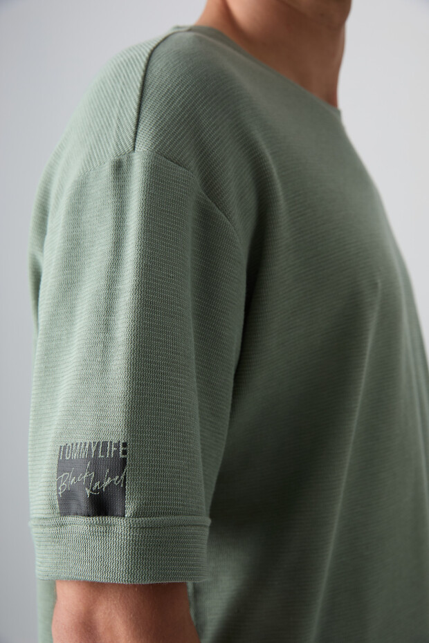 Açık Yeşil Pamuklu Kalın Yüzeyi Dokulu Oversize Fit Basic Erkek T-Shirt - 88339 - 4