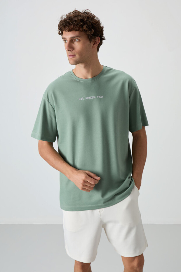 Açık Yeşil Pamuklu Kalın Yüzeyi Dokulu Oversize Fit Baskılı Erkek T-Shirt - 88364