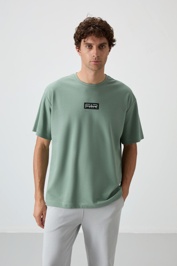 Açık Yeşil Pamuklu Kalın Yüzeyi Dokulu Oversize Fit Baskılı Erkek T-Shirt - 88367