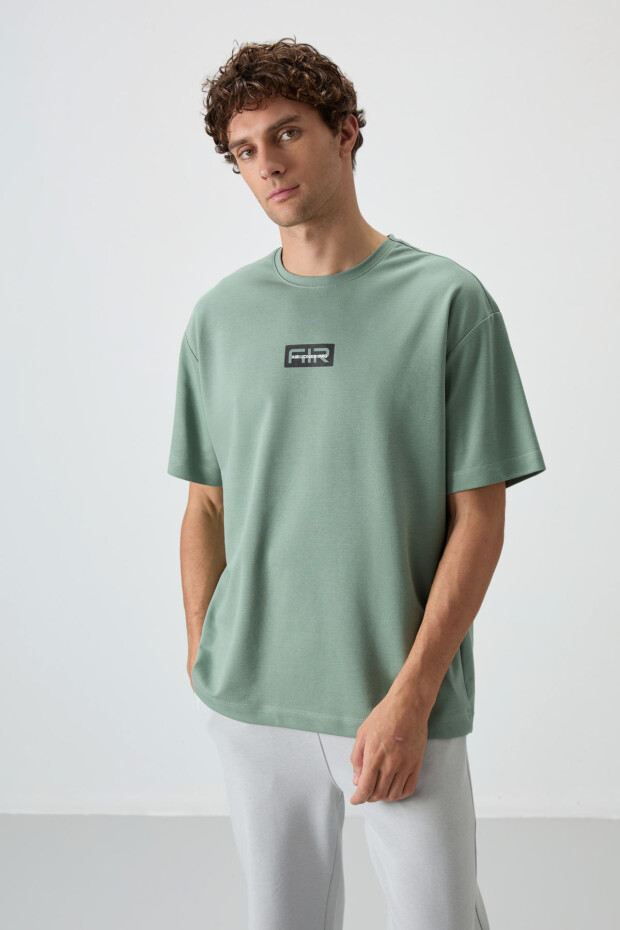Açık Yeşil Pamuklu Kalın Yüzeyi Dokulu Oversize Fit Baskılı Erkek T-Shirt - 88367