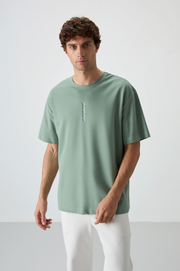 Açık Yeşil Pamuklu Kalın Yüzeyi Dokulu Oversize Fit Baskılı Erkek T-Shirt - 88368