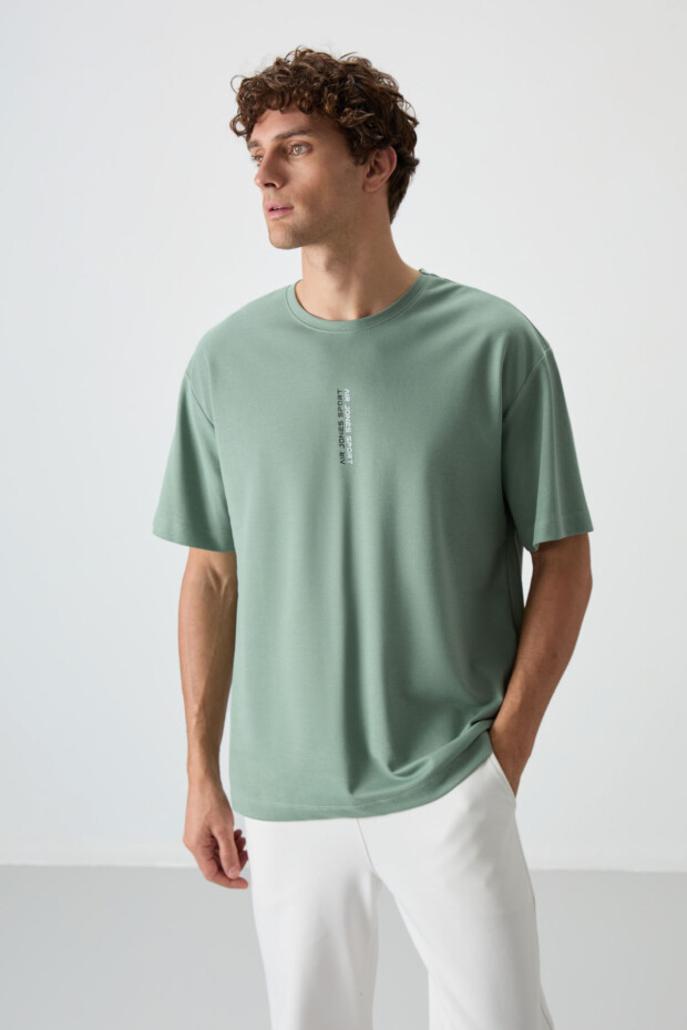 Açık Yeşil Pamuklu Kalın Yüzeyi Dokulu Oversize Fit Baskılı Erkek T-Shirt - 88368