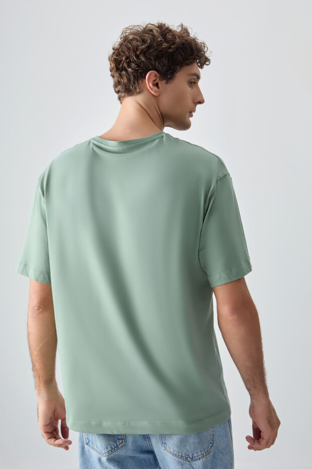 Açık Yeşil %100 Pamuk Kalın Yumuşak Dokulu Oversize Fit Baskılı Erkek T-Shirt - 88354 - 5