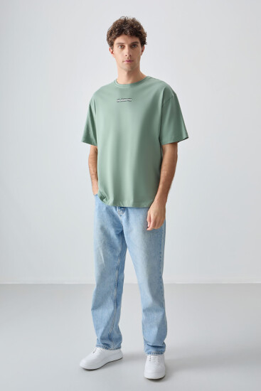 Açık Yeşil %100 Pamuk Kalın Yumuşak Dokulu Oversize Fit Baskılı Erkek T-Shirt - 88354 - Thumbnail