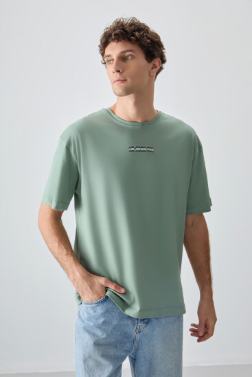 Açık Yeşil %100 Pamuk Kalın Yumuşak Dokulu Oversize Fit Baskılı Erkek T-Shirt - 88354 - Thumbnail