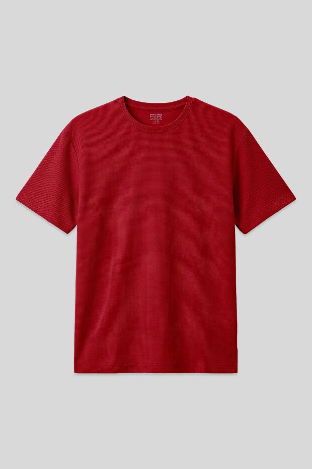 Kırmızı Waffle İnterlok Yüzeyi Dokulu Oversize Fit Basic Erkek T-Shirt - 88379 - 1