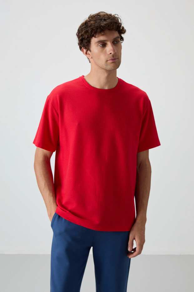 Kırmızı Waffle İnterlok Yüzeyi Dokulu Oversize Fit Basic Erkek T-Shirt - 88379