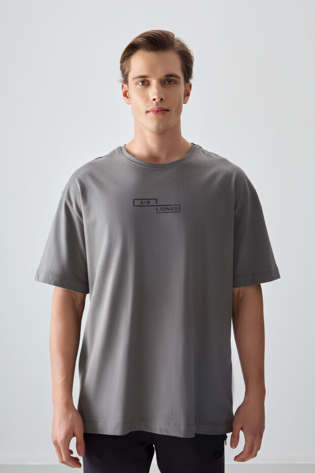 Koyu Gri %100 Pamuk Kalın Yumuşak Dokulu Oversize Fit Baskılı Erkek T-Shirt - 88361