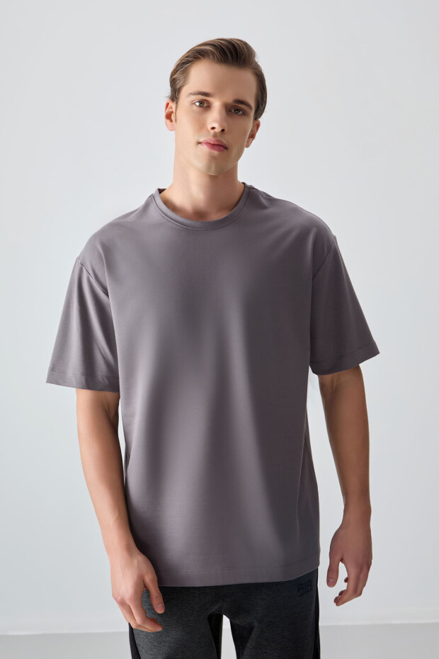 Koyu Gri Pamuklu Kalın Yumuşak Dokulu Oversize Fit Basic Erkek T-Shirt - 88377 - 4