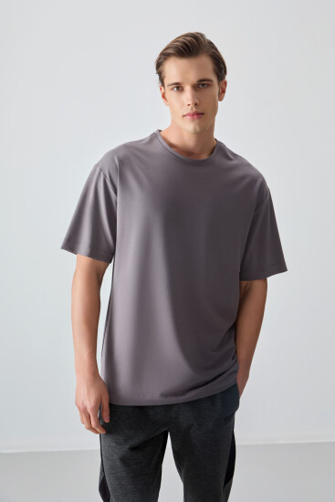 Koyu Gri Pamuklu Kalın Yumuşak Dokulu Oversize Fit Basic Erkek T-Shirt - 88377 - Thumbnail
