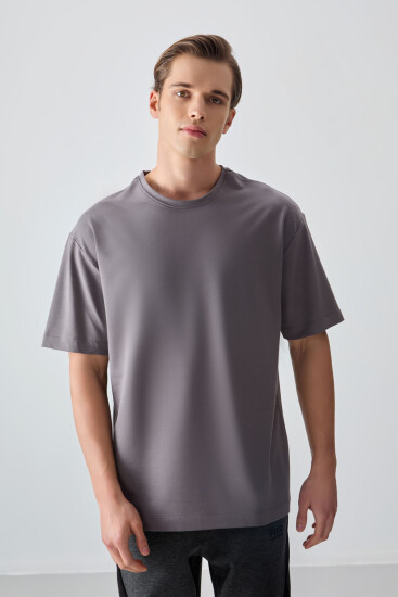 Koyu Gri Pamuklu Kalın Yumuşak Dokulu Oversize Fit Basic Erkek T-Shirt - 88377 - Thumbnail