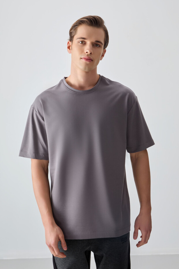 Koyu Gri Pamuklu Kalın Yumuşak Dokulu Oversize Fit Basic Erkek T-Shirt - 88377