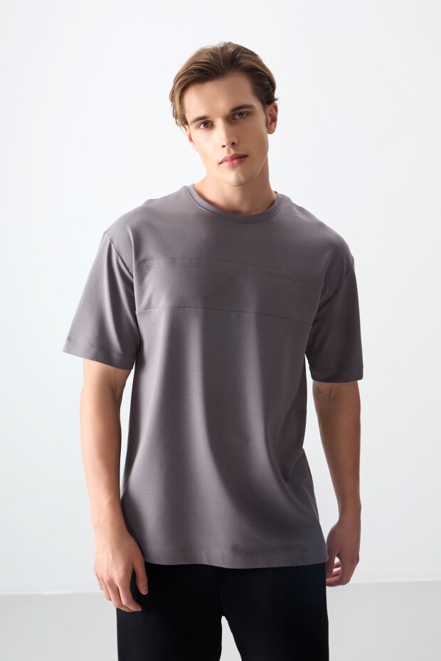 Koyu Gri Pamuklu Kalın Yumuşak Dokulu Oversize Fit Basic Erkek T-Shirt - 88378