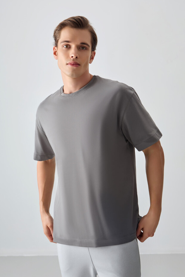 Koyu Gri %100 Pamuk Kalın Yumuşak Dokulu Oversize Fit Basic Erkek T-Shirt - 88353 - 2