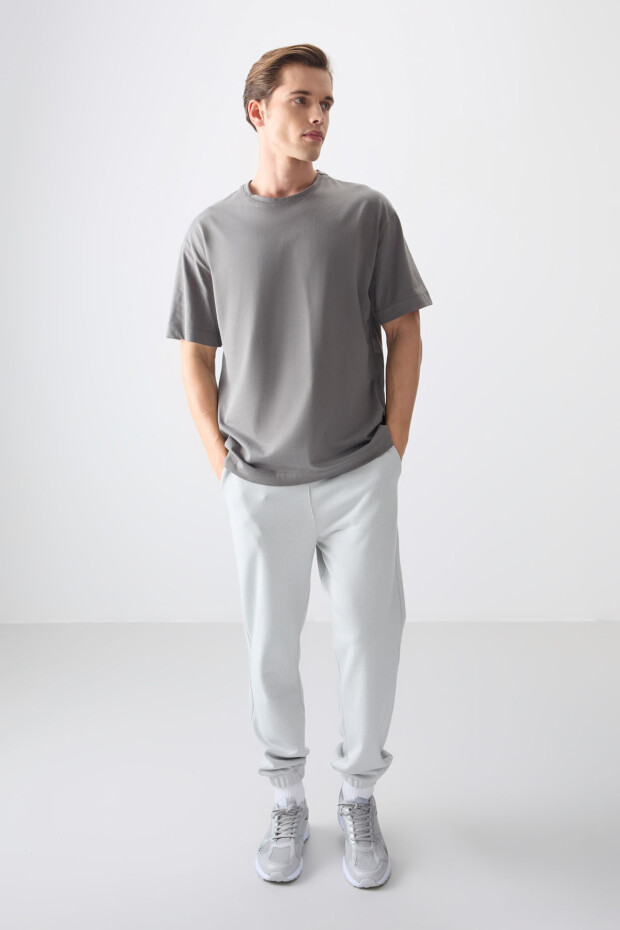 Koyu Gri %100 Pamuk Kalın Yumuşak Dokulu Oversize Fit Basic Erkek T-Shirt - 88353 - 5