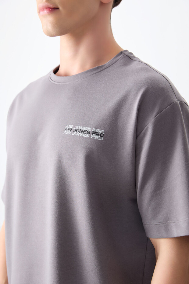 Koyu Gri Pamuklu Kalın Yumuşak Dokulu Oversize Fit Baskılı Erkek T-Shirt - 88375 - 3