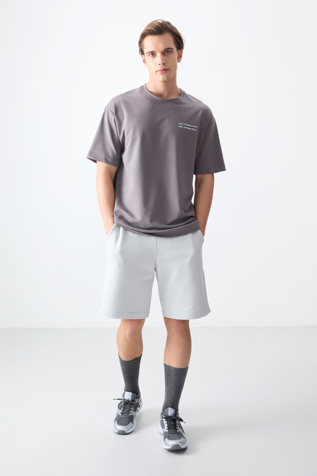 Koyu Gri Pamuklu Kalın Yumuşak Dokulu Oversize Fit Baskılı Erkek T-Shirt - 88375 - 4