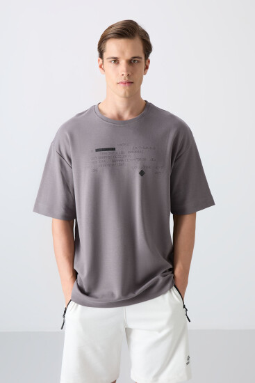 Koyu Gri Pamuklu Kalın Yumuşak Dokulu Oversize Fit Baskılı Erkek T-Shirt - 88326 
