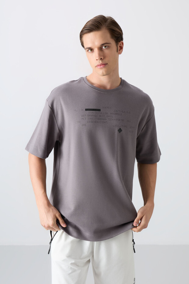 Koyu Gri Pamuklu Kalın Yumuşak Dokulu Oversize Fit Baskılı Erkek T-Shirt - 88326