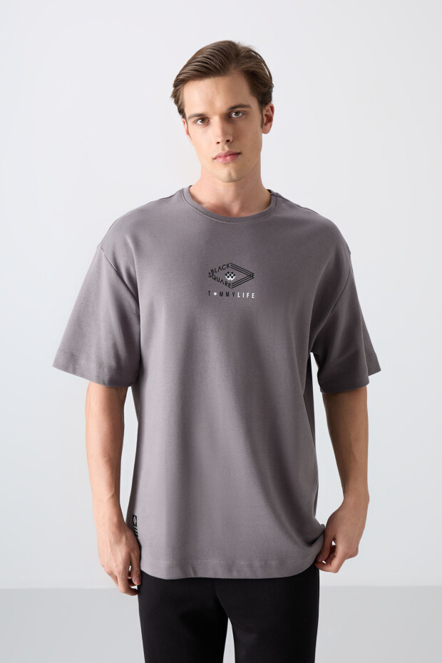 Koyu Gri Pamuklu Kalın Yumuşak Dokulu Oversize Fit Baskılı Erkek T-Shirt - 88325