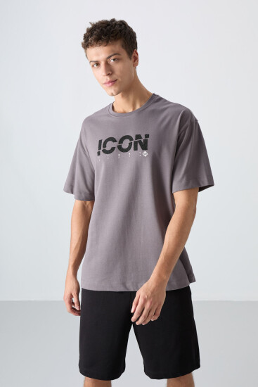 Koyu Gri Pamuklu Kalın Yumuşak Dokulu Oversize Fit Baskılı Erkek T-Shirt - 88331 