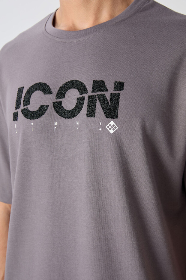 Koyu Gri Pamuklu Kalın Yumuşak Dokulu Oversize Fit Baskılı Erkek T-Shirt - 88331 - 3