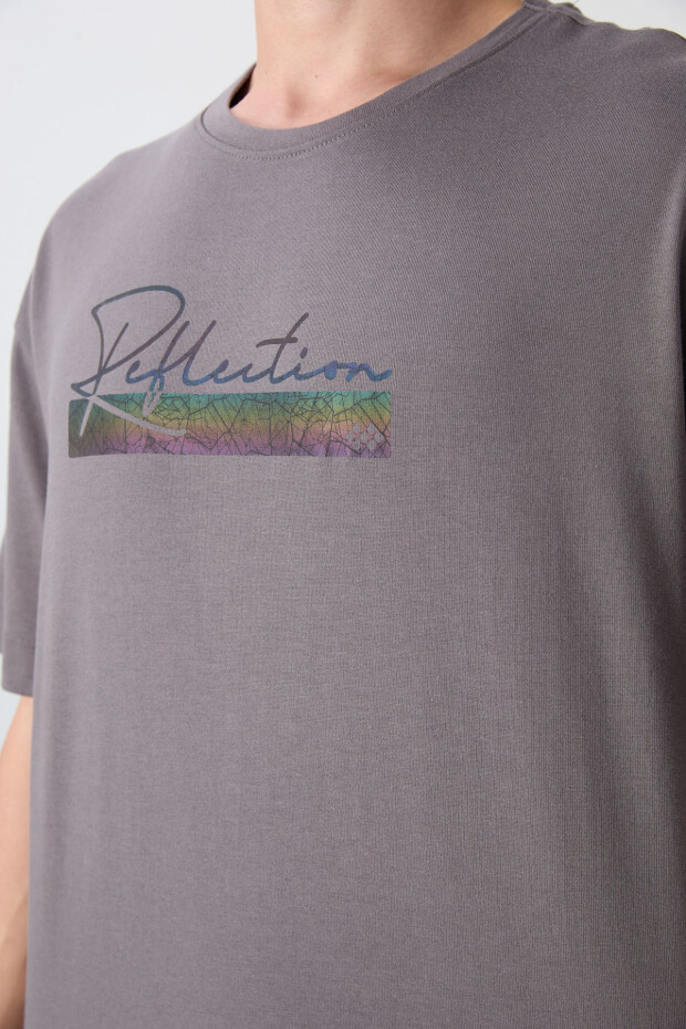 Koyu Gri Pamuklu Kalın Yumuşak Dokulu Oversize Fit Baskılı Erkek T-Shirt - 88334 - 3