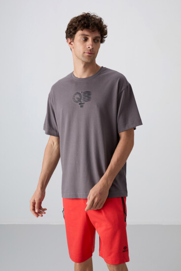 Koyu Gri Pamuklu Kalın Yumuşak Dokulu Oversize Fit Baskılı Erkek T-Shirt - 88333 