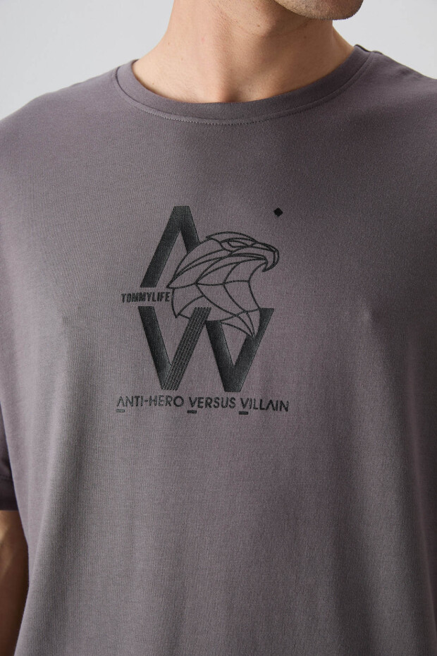 Koyu Gri Pamuklu Kalın Yumuşak Dokulu Oversize Fit Baskılı Erkek T-Shirt - 88332 - 3