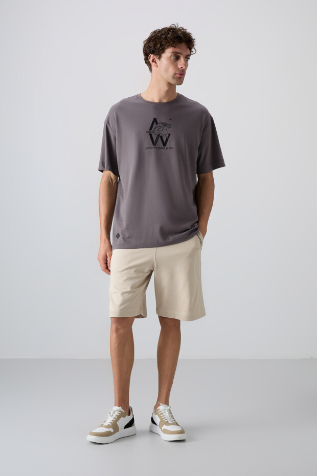 Koyu Gri Pamuklu Kalın Yumuşak Dokulu Oversize Fit Baskılı Erkek T-Shirt - 88332 - 4
