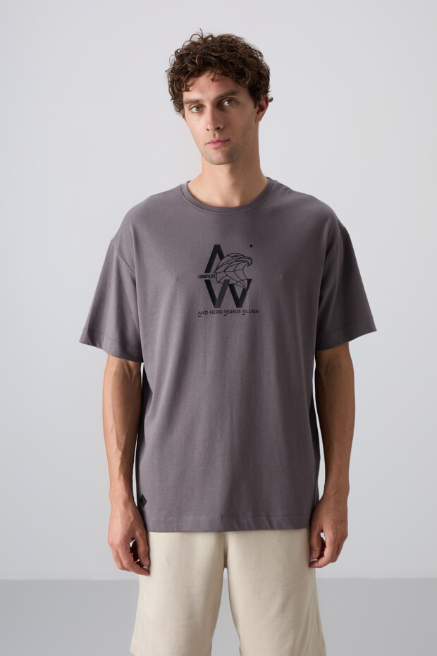 Koyu Gri Pamuklu Kalın Yumuşak Dokulu Oversize Fit Baskılı Erkek T-Shirt - 88332